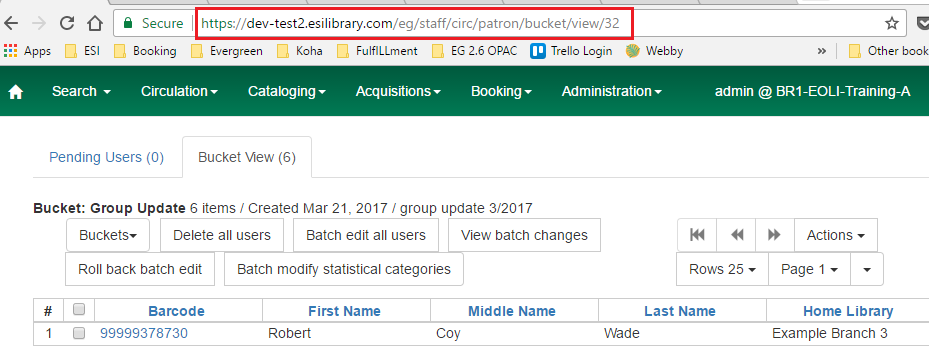 Screenshog of the Bucket view page showing the URL bar at the top of the screen. The URL is "dev-test2.esilibrary.com/eg/staff/circ/patron/bucket/view/32"