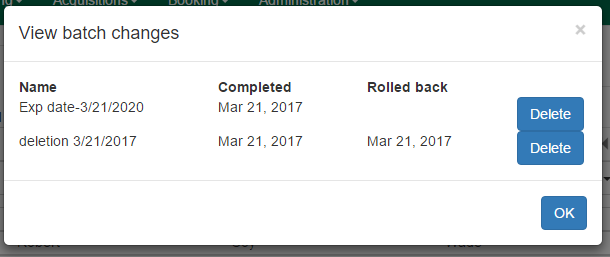 Screenshot of the View batch Changes modal. A new date has been added to the Rolled back column.