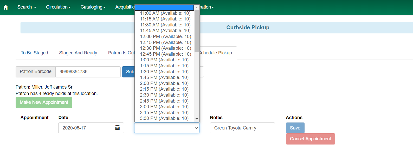 Set Time for Curbside Appointment