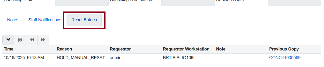 Reset Entries Tab