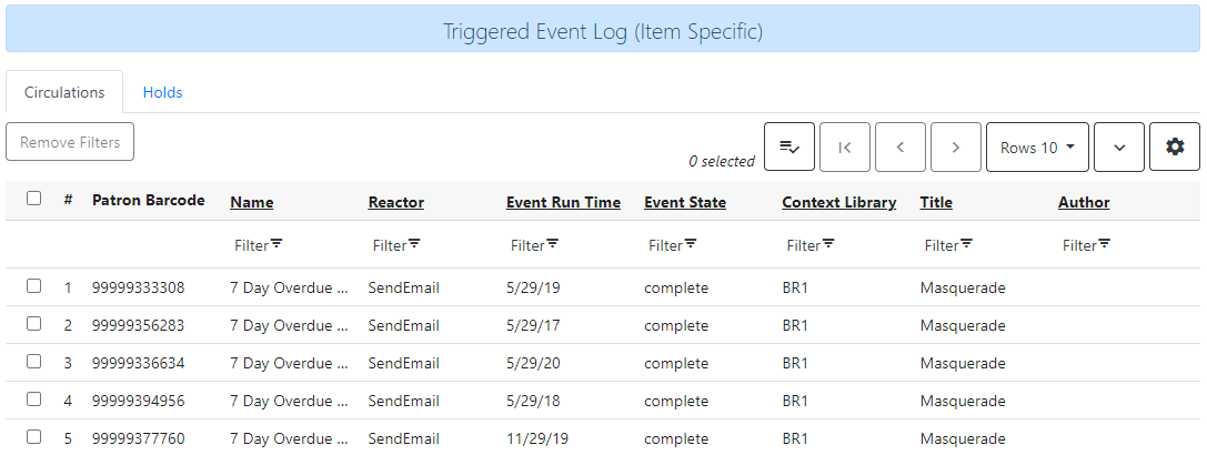 Item Triggered Events Log Display