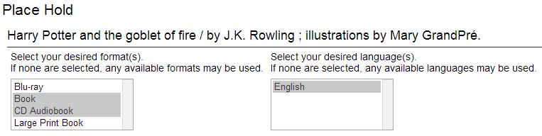 Place Hold screen with options to select multiple formats and/or languages.