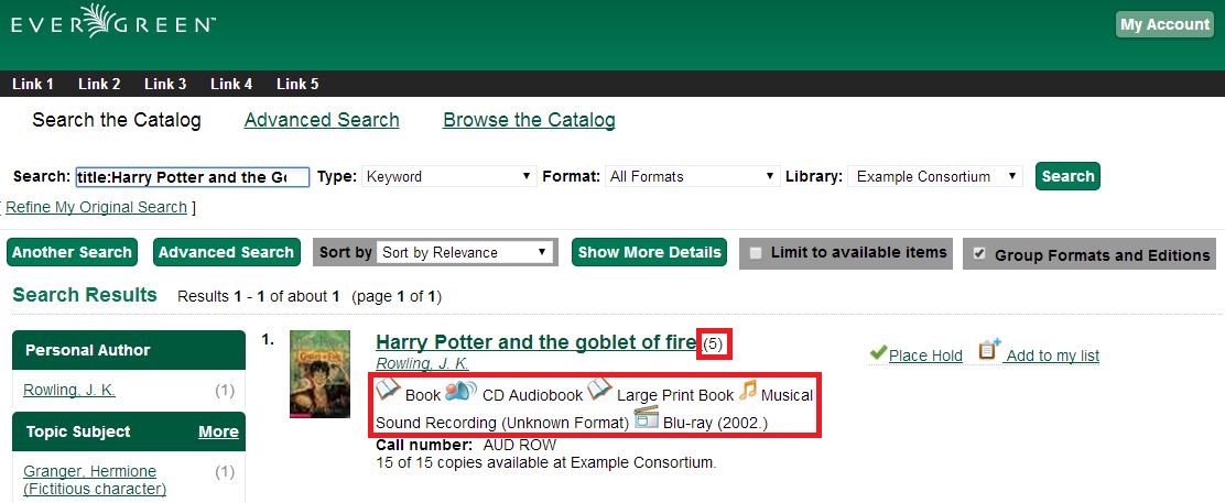 Metarecord search results displaying representative bibliographic data and combined holdings data.