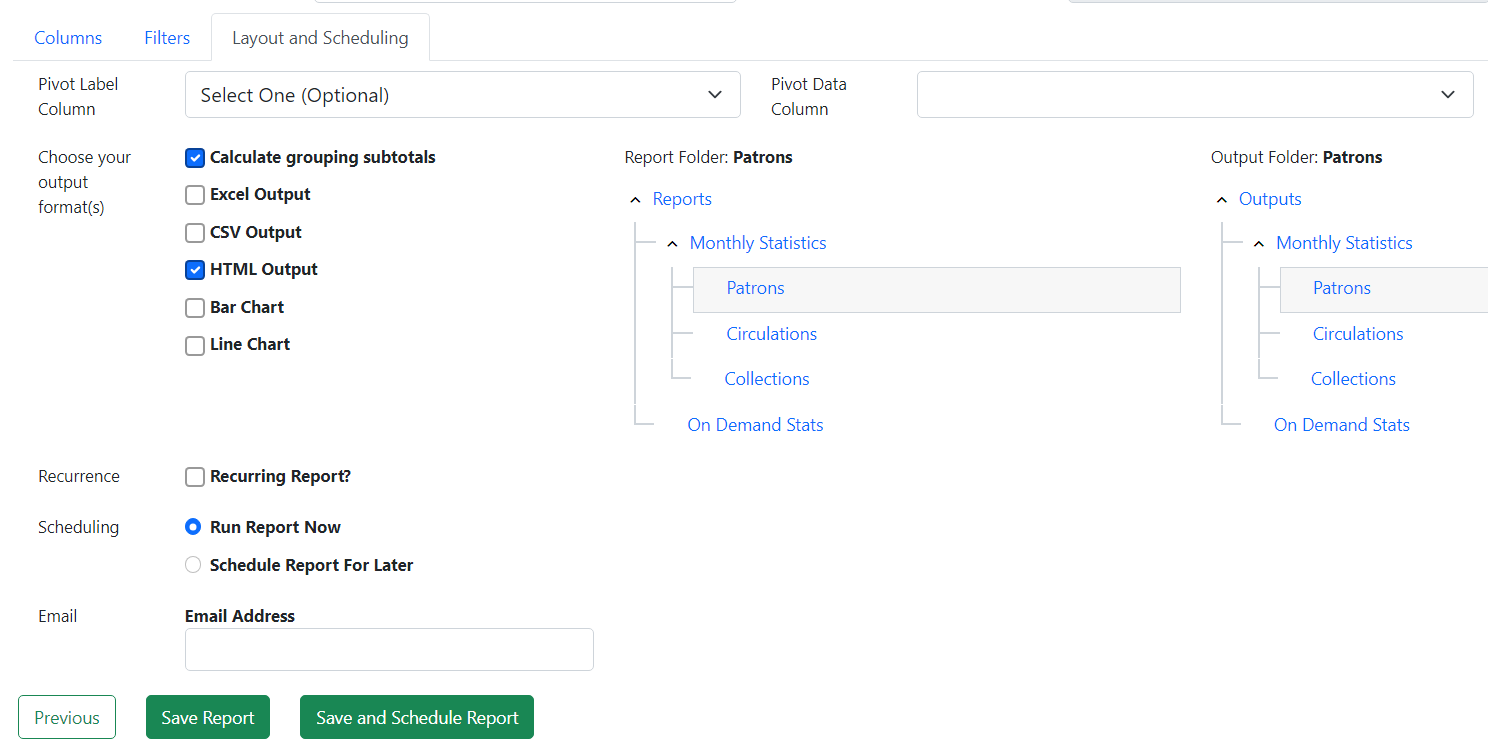 Screenshot of the Layout and Scheduling tab. Across the top are pivot options. Along the left is a column of output checkboxes. Below are scheduling options. Below that is a field for email addresses. On the right are two folder trees to select the report folder and output folder.