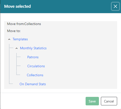 Screenshot of the Move modal. At the top is 'Move from: (current folder) and 'Move to:' Then the folder tree is displayed to select the target destination folder.