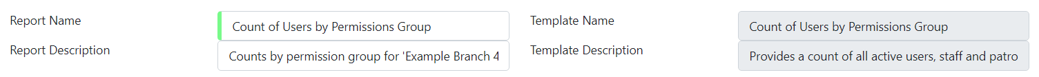 Screenshot of the editable Report Name and Report Description fields on the left and the non-editable fields of Template Name and Template Description on the right. The report description reads 'Counts by permission group for Example Branch 4.'