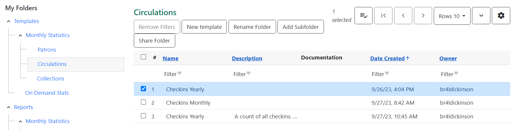 Screenshot of the templates area. On the left bar the template folders are expanded to show a selected sub-folder. In the right pane, a template line has been selected.