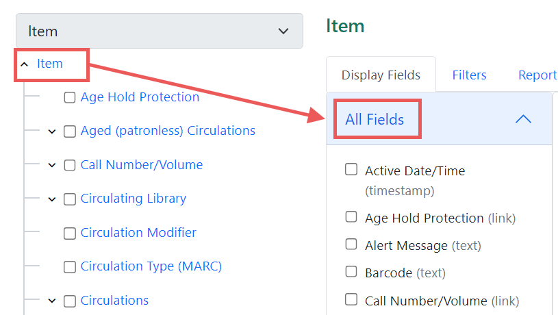 Screenshot of the Source and All Fields sections. The blue link for item at the top of the source tree is highlighted and an arrow has been added pointing to the right towards the All Fields column header.