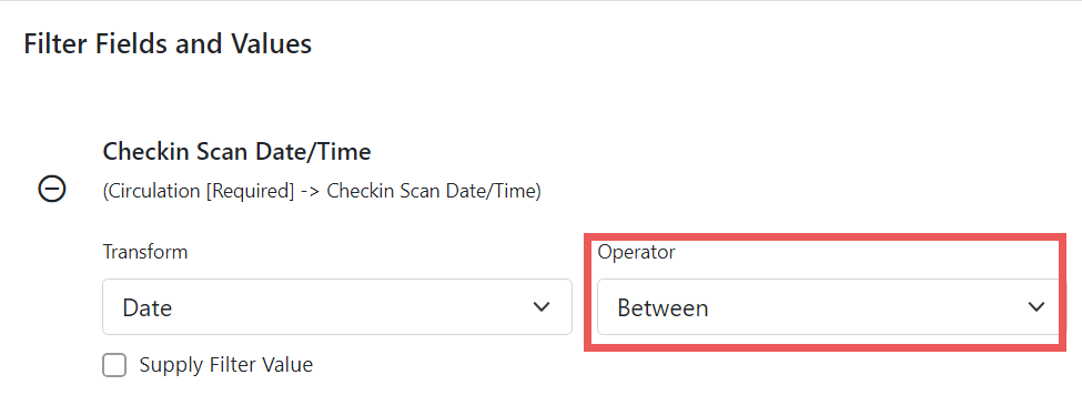 Screenshot of the same selected filter as above. The right drop-down for Operator is highlighted. The selected operator is Between.