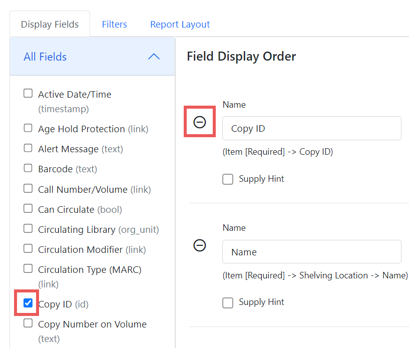 Screenshot of the Display Fields tab contents. On the left is the list of possible fields. One of the fields, Copy ID, is selected and there is a box highlighting the selected checkbox. The right side of the screen shows the information for the Copy ID field. There is a box highlighting the minus button next to the field name.