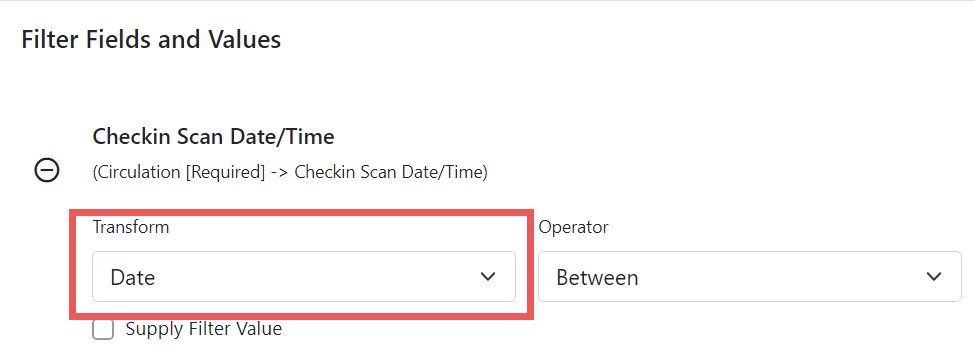 Screenshot of the same selected filter as above. The left drop-down for Transform is highlighted. The selected transform is Date.