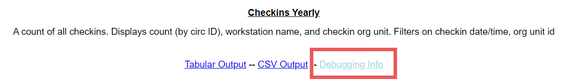 Screenshot of the Output view. At the top is the report name and description. Below that are links for Tabular Output