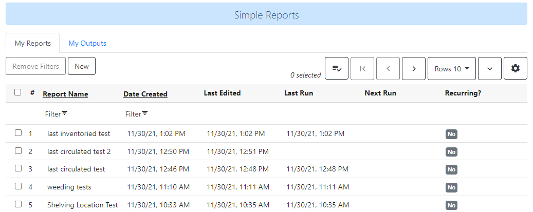 Screenshot of the Simple Reports interface. At top left are tabs for My Reports and My Outputs with My Reports selected. Below that are buttons for Remove Filters and New. To the right are the standard grid view buttons. The grid view shows a number of reports with columns labeled. Report Name, Date Created, Last Edited, Last Run, Next Run, and Recurring?