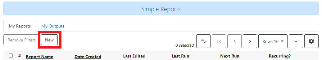 Screenshot of the top of the Simple Reports interface. The My Reports tab is selected and the New button just below the tabs is selected.