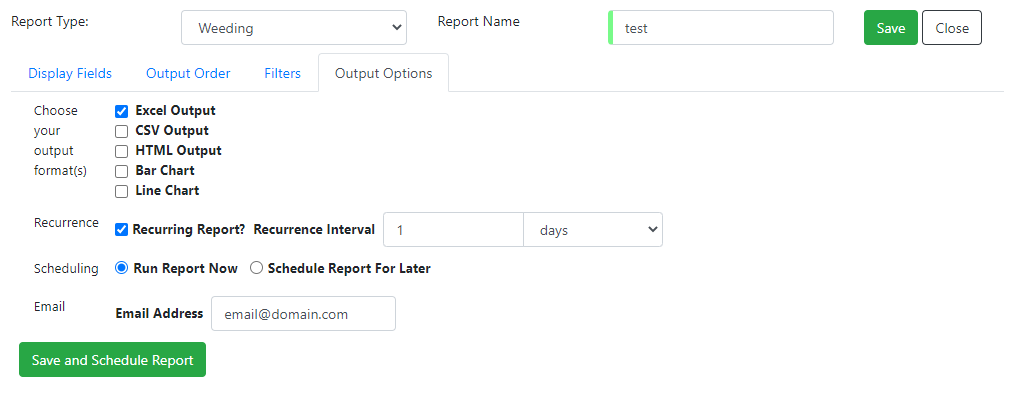 Screenshot of the Output Options tab. 'Choose your output formats' has checkboxes for Excel Output, CSV Output, HTML Output, Bar Chart, and Line Chart. 'Recurrence' has a checkbox for Recurring Report? and an integer field for Recurrence Interval, with a drop-down menu for time unit. It currently shows Days. 'Scheduling' has radio buttons for Run Report Now and Schedule Report for Later. Email has a text field for Email Address.