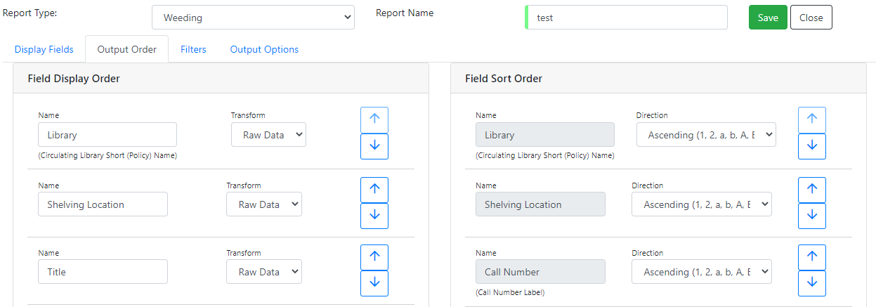 Screenshot of the Output Order screen described above. Each column displays three fields. On the left are Library, Shelving Location, and Title. On the right are Library, Shelving Location, and Call Number.