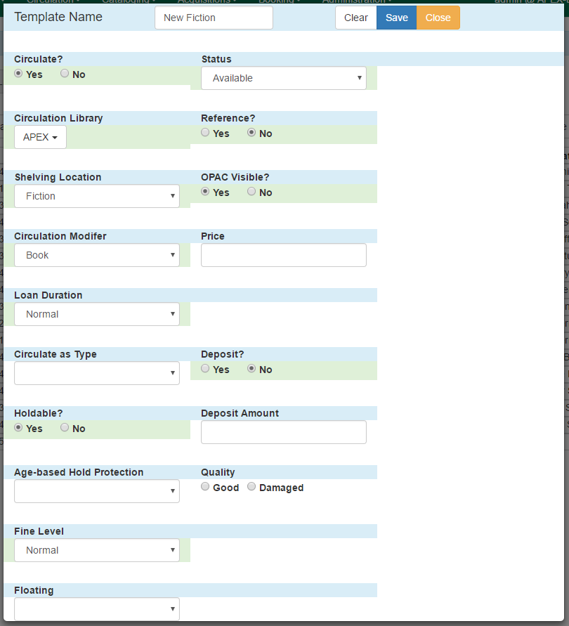 A dialog box for creating a Serial Copy Template including fields for Circulate, Circulation Library, Shelving Location, Circulation Modifier, Loan Duration, Circulate as Type, Holdable, Age-based Hold Protection, Fine Level, Floating, Status, Reference, OPAC Visible, Price, Deposit, Deposit Amount, and Quality.