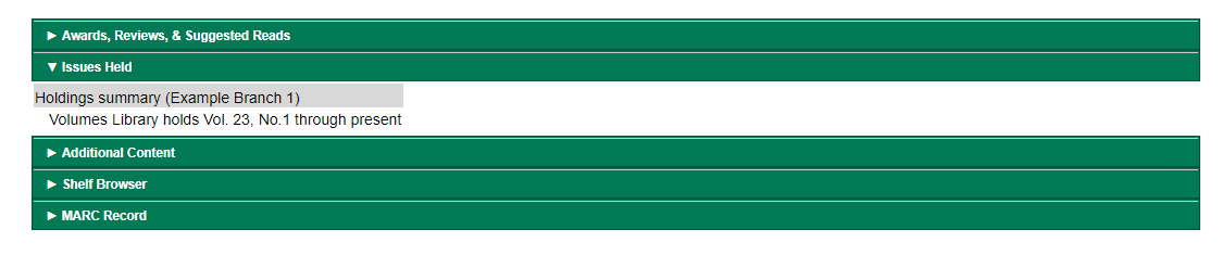 Issues Held tree open in the catalog showing the textual holdings statement.