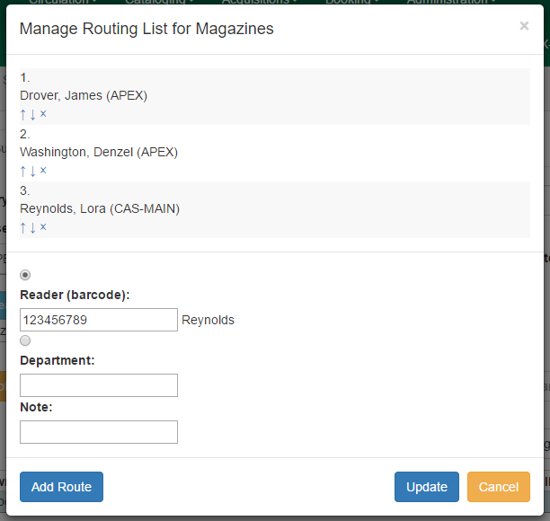 Dialog box for creating a routing list with fields for reader barcode, department, and note.