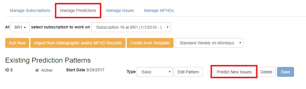 Mange Predictions tab with a new prediction pattern created. The Predict New Issues button is highlighted.