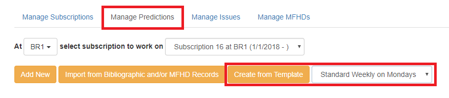 Mange Predictions tab with Create from Template button and drop down menu highlighted.