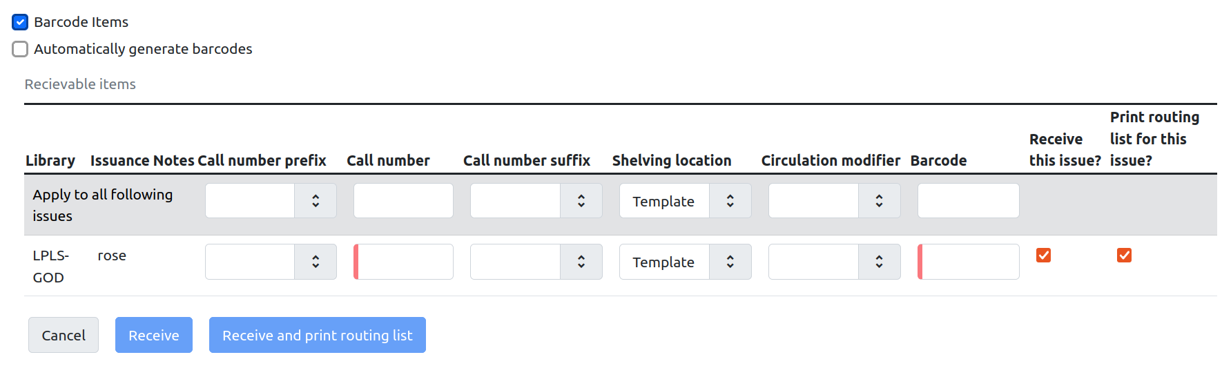 Quick receive items dialog box with options for copying location, call number, and circulation modifier.