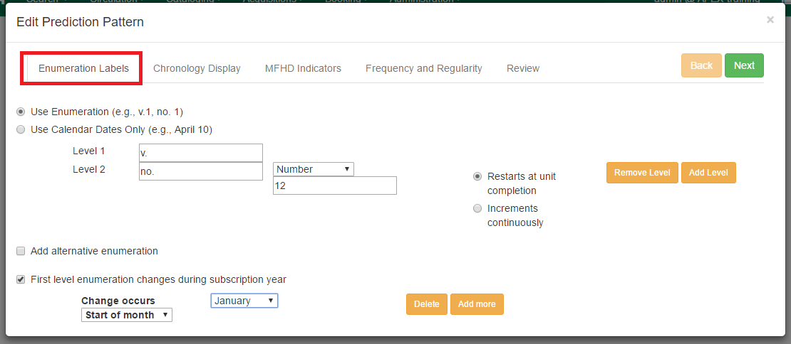 Prediction Pattern Code Wizard showing the Enumeration Labels tab.