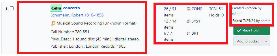 Screenshot of a single result with the different kinds of information highlighted