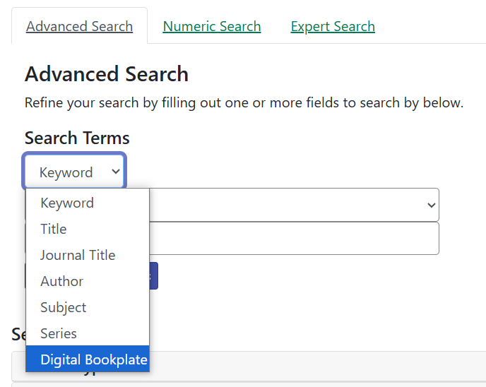 Digital Bookplates Search Field Location in Advanced Search