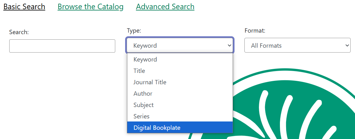 Digital Bookplates Search Field Location in Basic Search