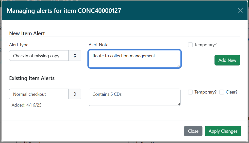 Existing item alerts