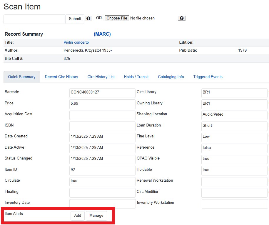 Location of Add and Manage Alerts in Item Status Detail