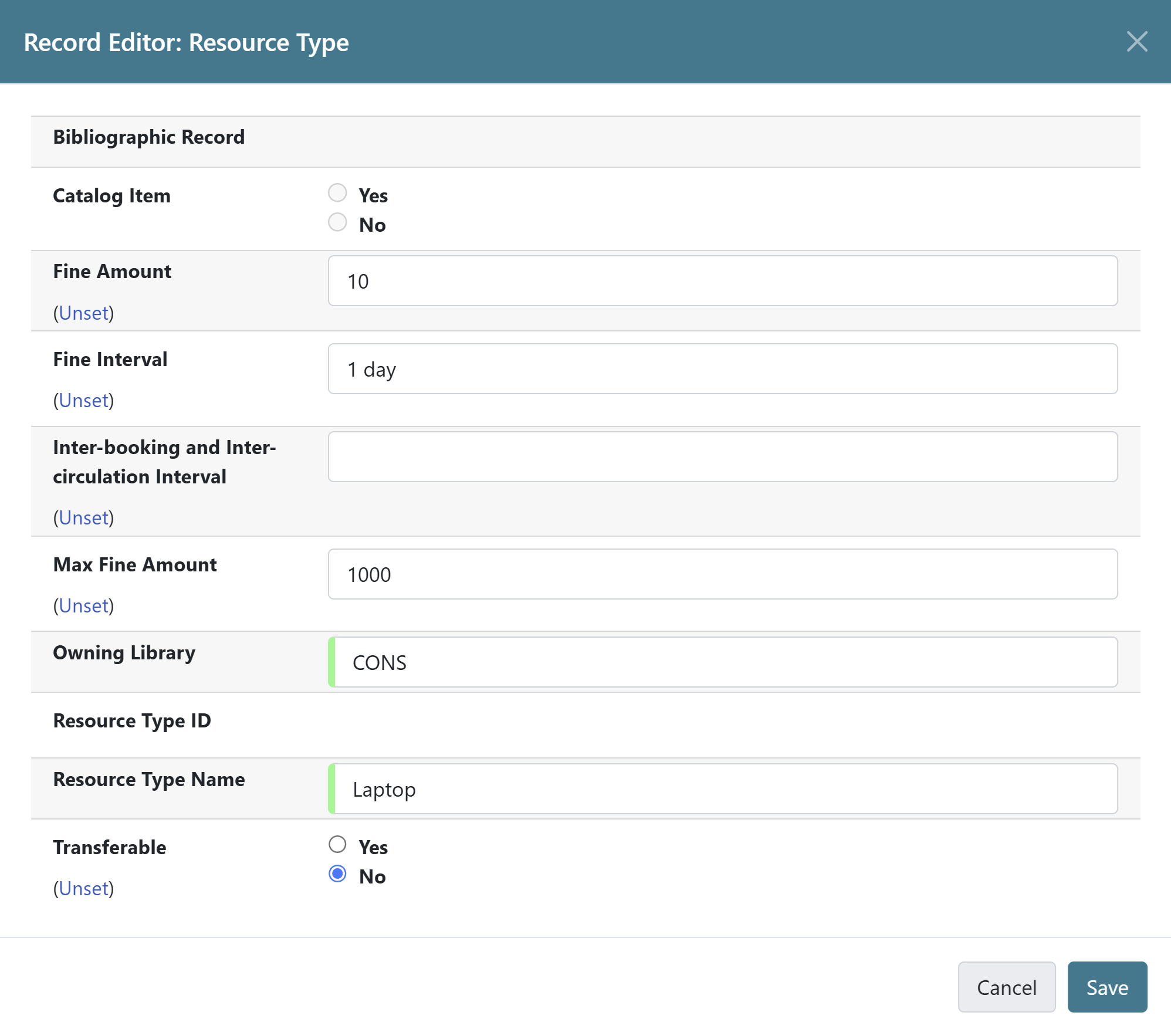 Form for creating a new resource type with fields for catalog item