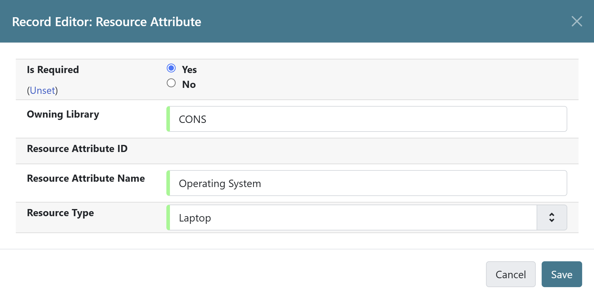 Form for assigning a value to a resource attribute with fields for is required