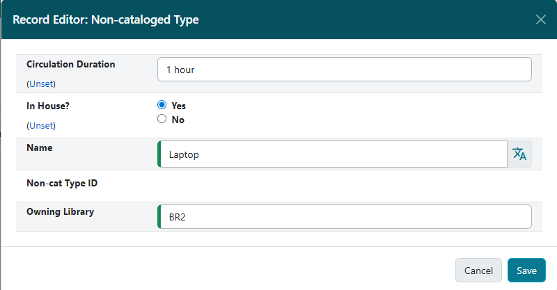 Form titled 'Non Cataloged Types Editor' for creating a new non-cataloged type.