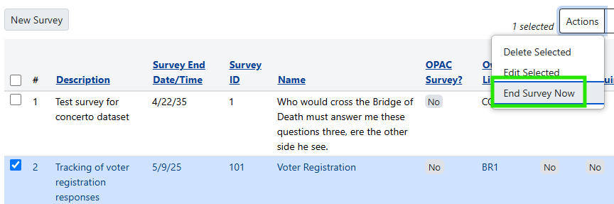 End survey through the Actions menu