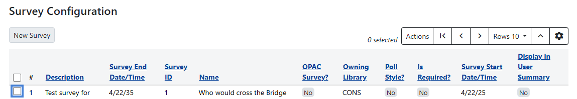 Survey configuration page