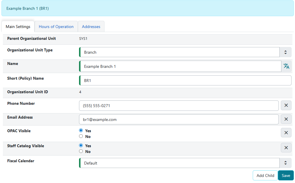Organizational unit main settings