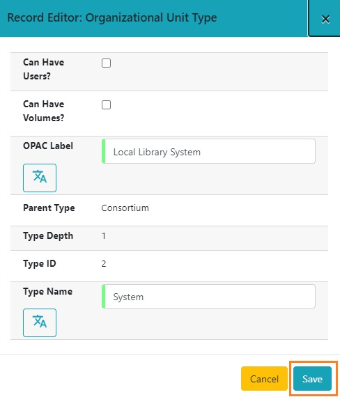 Organization unit type record editor