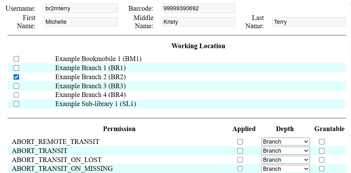 User Permission Editor showing working locations