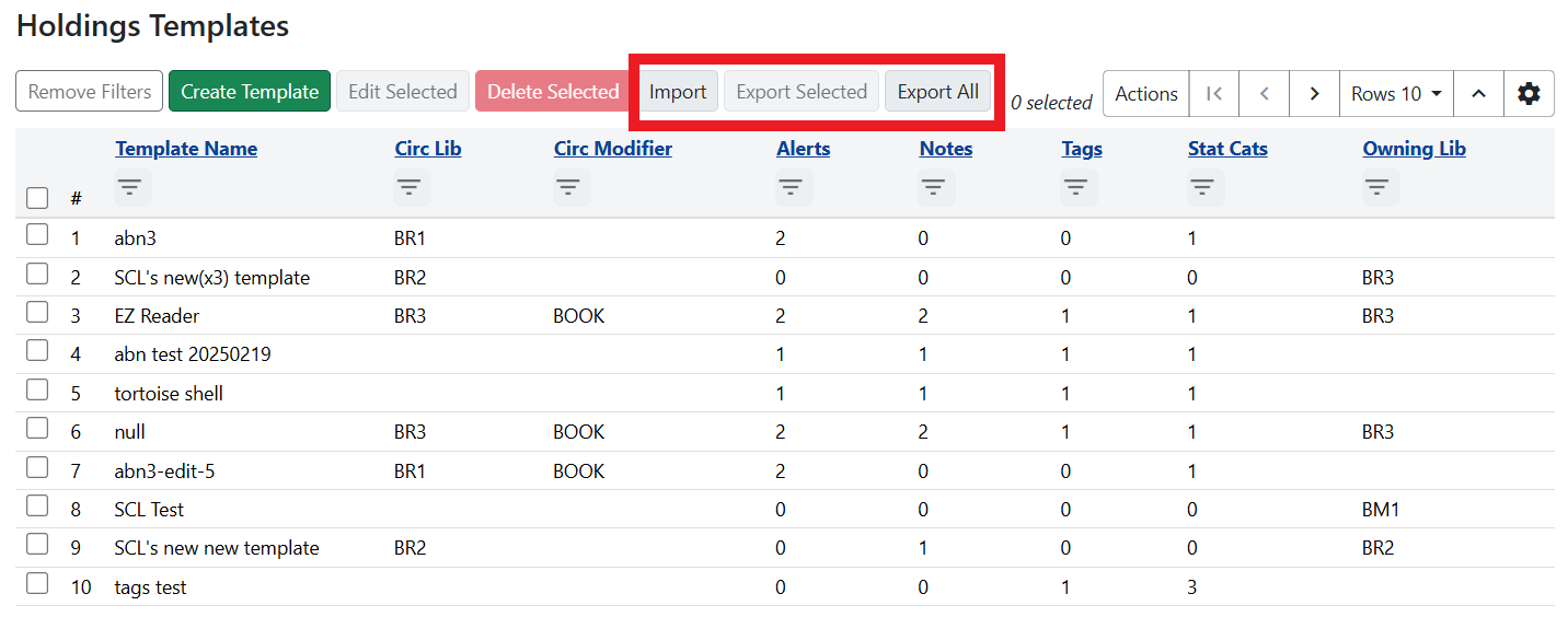 Location of buttons for Export Selected