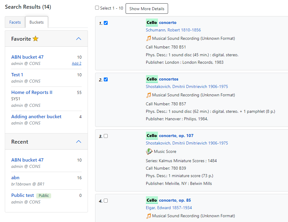 Buckets subtab in staff catalog showing favorite buckets and recently viewed buckets