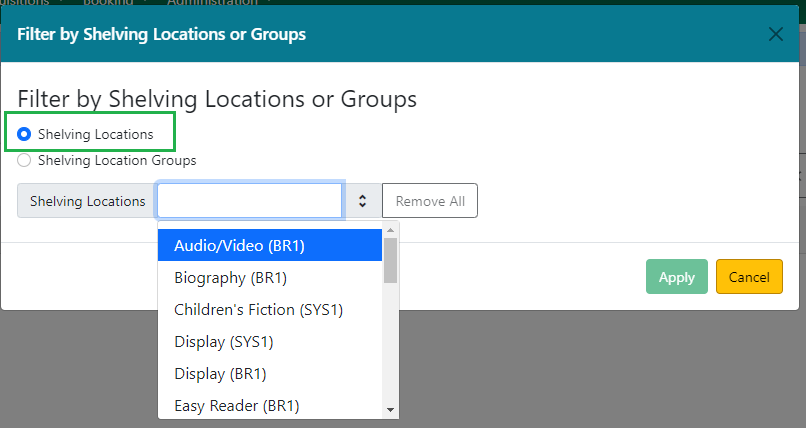 Shelving Location filter dropdown