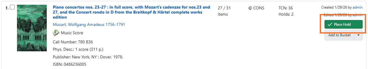 Search Results with Place Hold link
