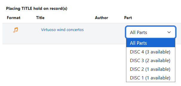 Select a Part dropdown with available copies
