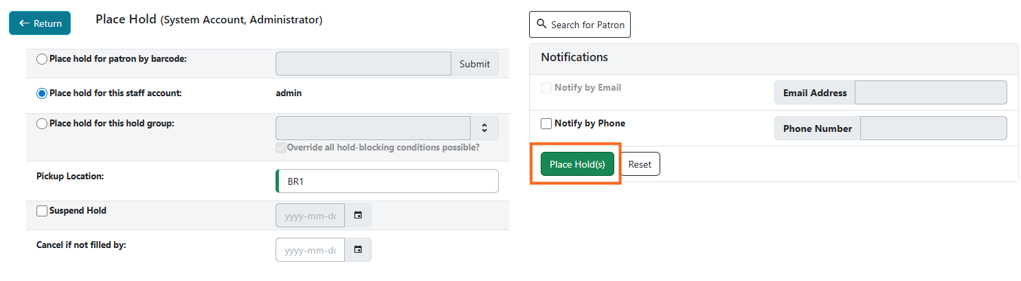 Place Holds screen with Basic Options