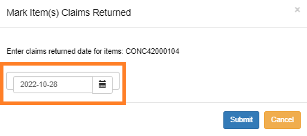 Field for entering the date the item was claimed returned.