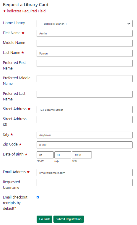 Self registration form