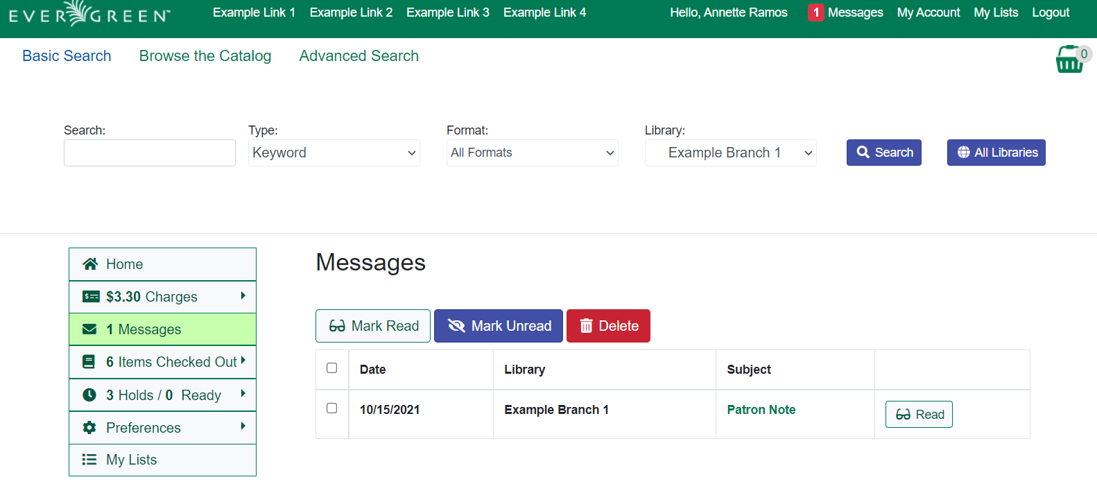 Screenshot of Messages in the patron My Account area. There is a red number one at the top of the screen next to Messages. In the My Account menu on the left of the screen the Messges tab is selected and has an one next to it. The main portion of the screen is open to the Messages page and is showing a grid view with one example message. The Message line is bold. The buttons above the grid are Mark Read