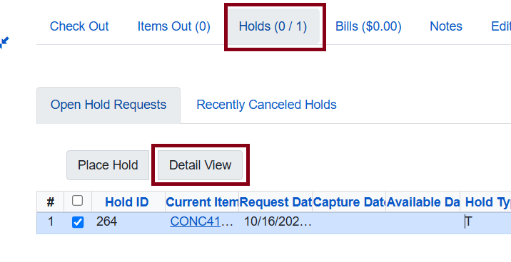 Detail View button in Holds